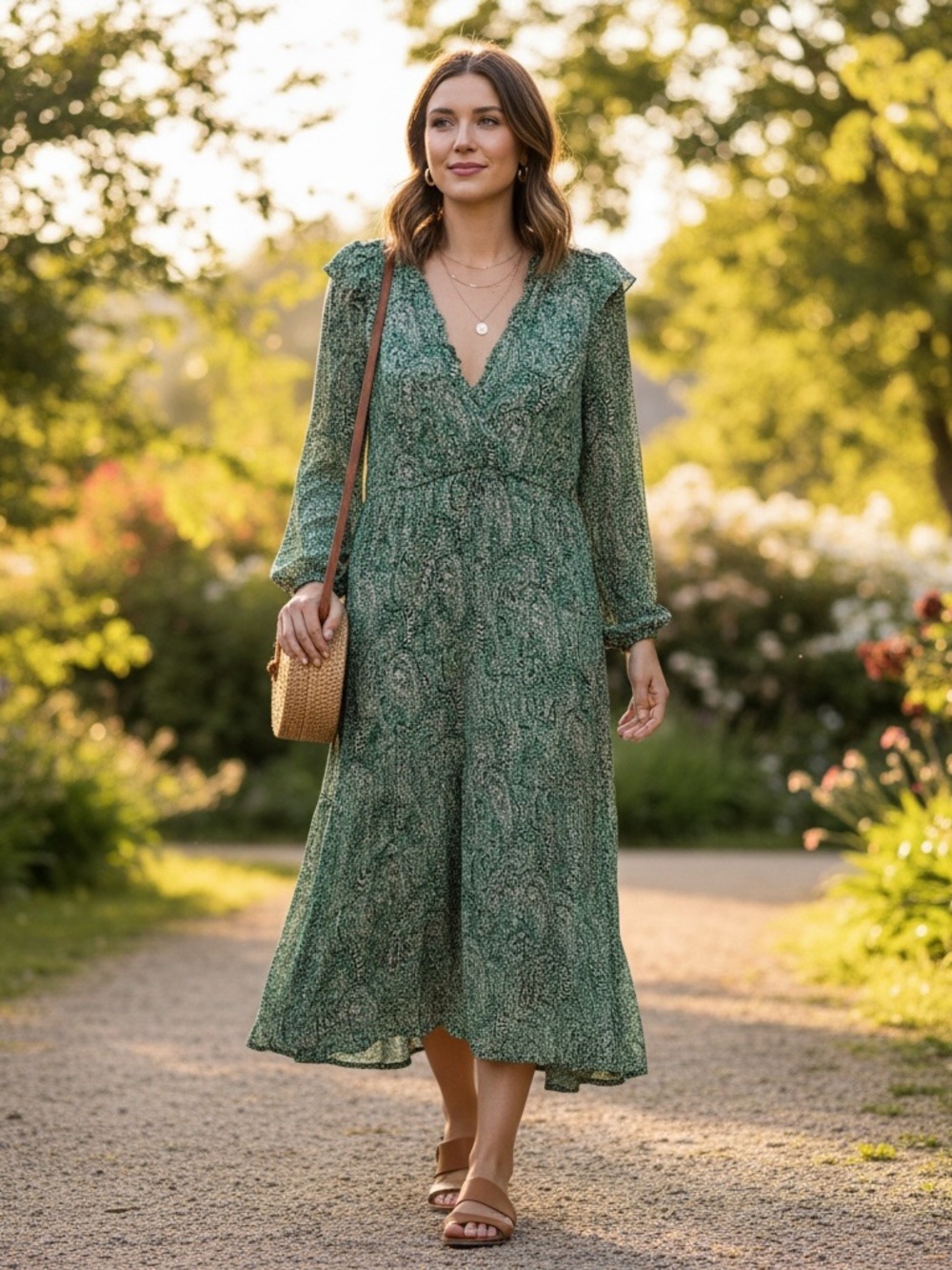 Democracy Green Paisley Ruffle V-Neck Midi Dress